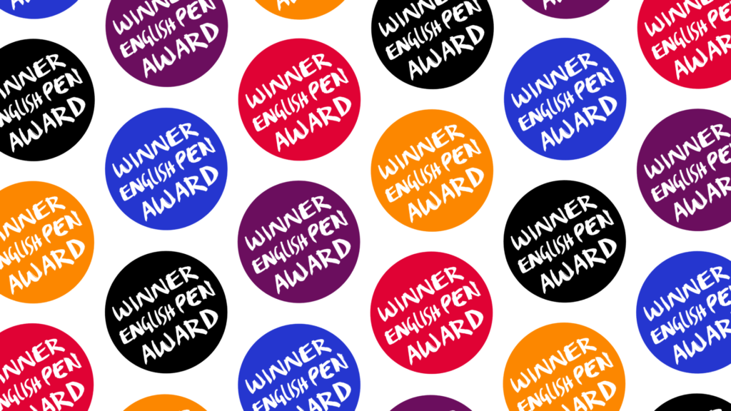 Rows of circular stickers in blue, black, red, purple and orange with text "WINNER ENGLISH PEN AWARD"